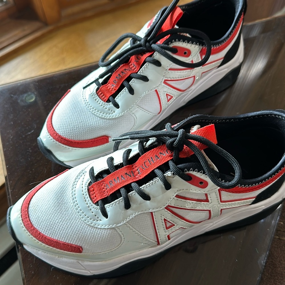 Sz 7 women’s Armani Exchange sneakers, white red, black.like new, only worn once